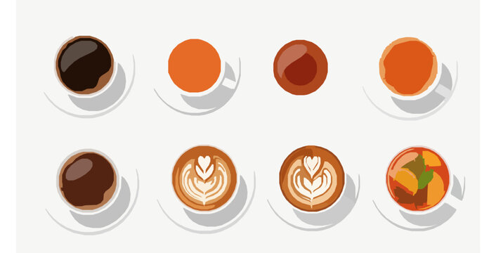 Top View Coffee and Tea Cups Vector Illustration Collection on White