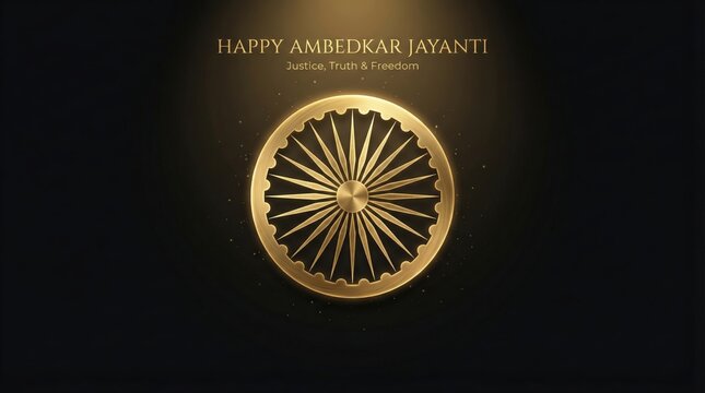 Golden ashoka chakra on black background celebrating ambedkar jayanti with radiant light