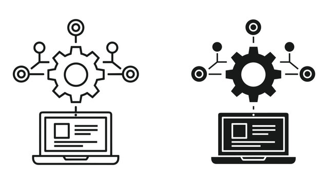Flat of laptop with gear and network nodes computer