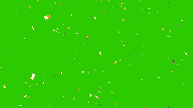 Gold Confetti Falling on Green Screen Background. gold confetti rain with alpha channel. golden confetti falling animation isolated chroma key overlay. 4k seamless loop, festive celebration overlay.