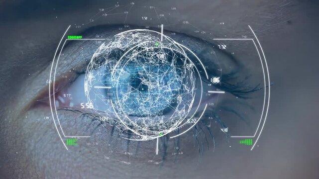 Animation of globe with network of connections with numbers over caucasian woman's eye