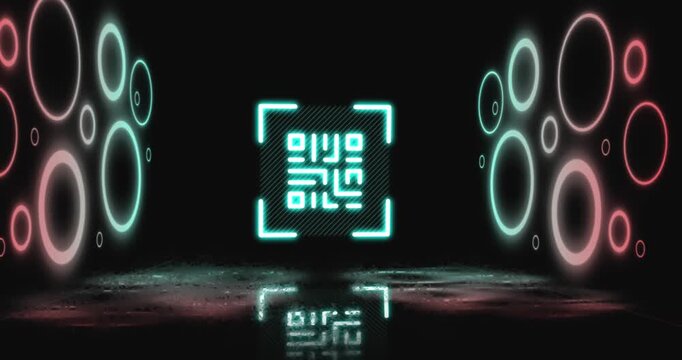 Animation of neon qr code with circles over black background