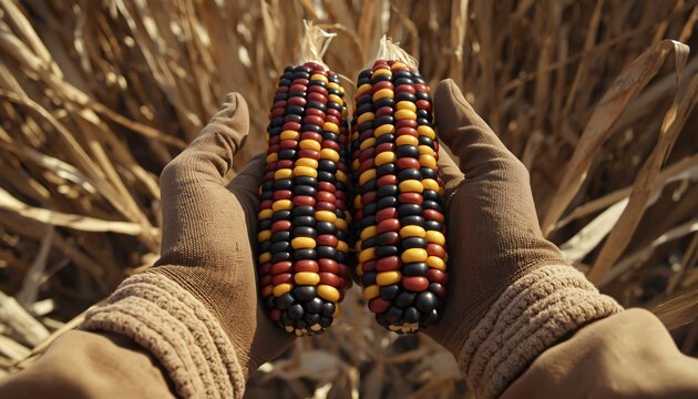 Hands Wearing Gloves picking Colorful Indian Corn (Bhutta)