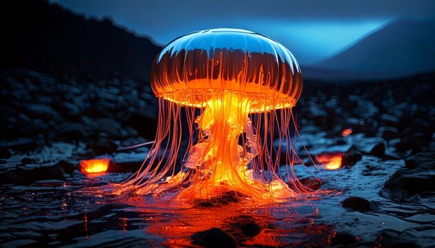 Intense contrast of ice-blue lighting on bio-metal creature and fire