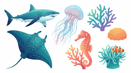 Fototapeta premium Realistic Flat Vector Marine Animals Collection Featuring Shark Stingray Jellyfish Seahorse and Colorful Tropical Coral Reef Ecosystem Elements
