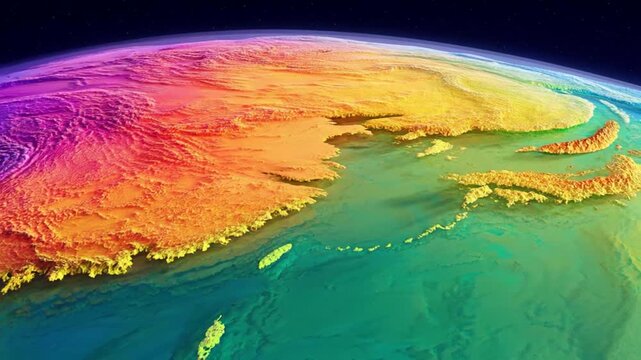 Colorful earth topographic map Asia elevation relief digital terrain model satellite view vibrant rainbow gradient landscape geography abstract landform texture global climate data scientific