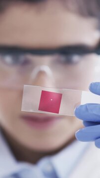 Blood, sample or hands with science in lab, medical research or genetic mapping for pathology marker. Study, woman or scientist with dna investigation for disease analysis, plasma chemistry or trial