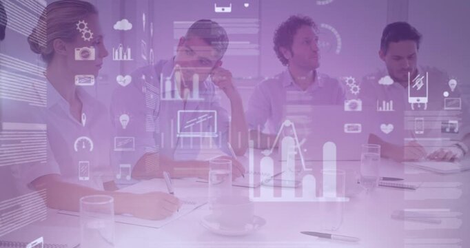 Animation of graphs and icons over diverse businesspeople in office