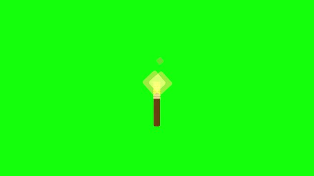 Animated geometric torch icon, diamond-shaped green flame flickering and pulsing, small spark floating upwards, flat vector style, green screen background.