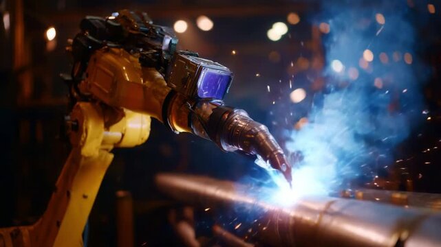 Advanced robotic arm performing welding task, creating sparks and smoke in an industrial setting, showcasing modern automation technologies and precise craftsmanship.