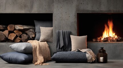 Fototapeta premium Warmly decorated interior space features stacked wood and a cozy fire beside soft furnishings