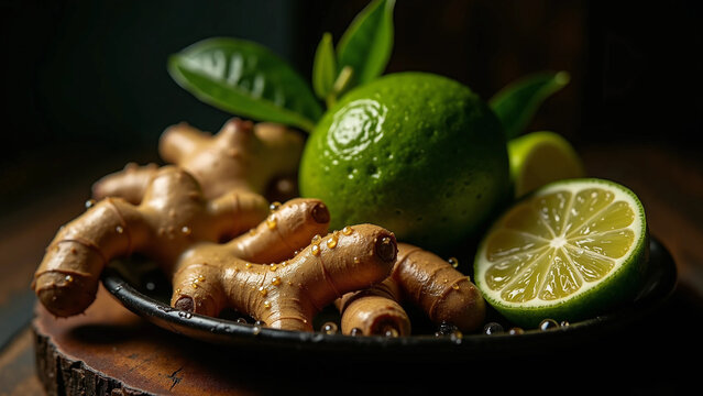 Fresh Ginger Root and Juicy Limes on Dark Plate for Wellness and Detox
