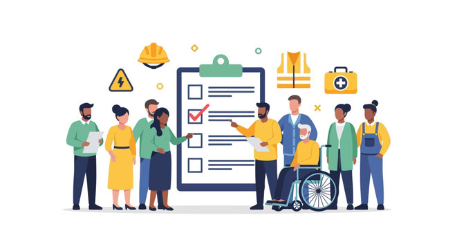 Workplace Safety Checklist Review with Diverse Team and OHS Icons