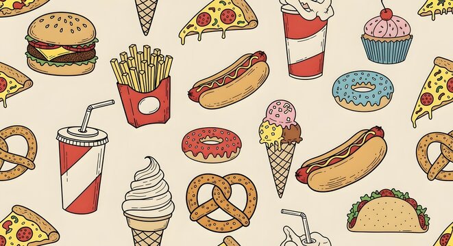 Seamless pattern of hand-drawn fast food and sweet treats. Features burgers, fries, pizza, ice cream. Perfect for playful culinary backgrounds