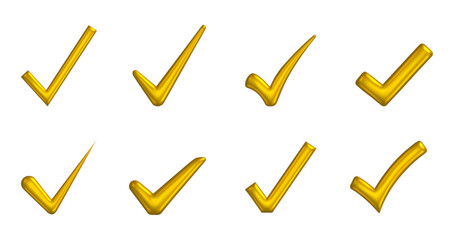 Set of glossy gold check marks at various angles on a white background. Vector illustration © woters