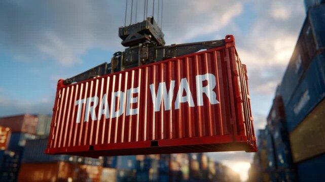 196Cinematic low-angle shot of the red TRADE WAR container mid-air, crane silhouetted against the sky, surrounding blue and yellow containers forming geometric patterns, sunset ligh