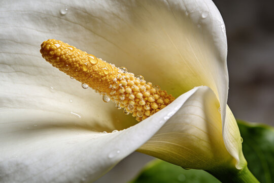 Macro shot of a white Calla Lily flower with water droplets on yellow spadix and petals under professional lighting