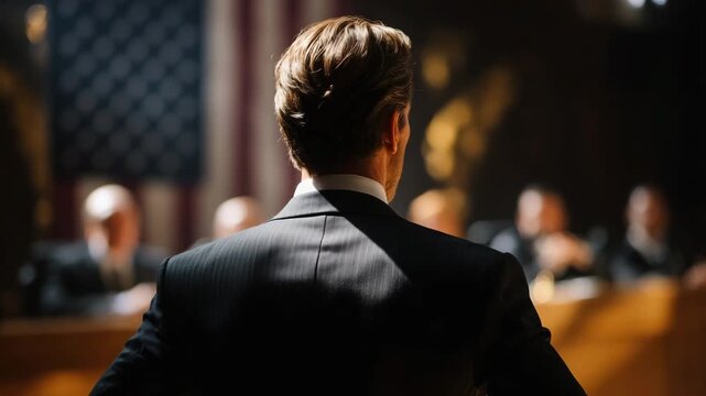 227Close-up cinematic composition of a backlit figure in a dark suit standing, congressional panel and lawyers slightly blurred ahead, US flag behind the dais illuminated, sunlight st