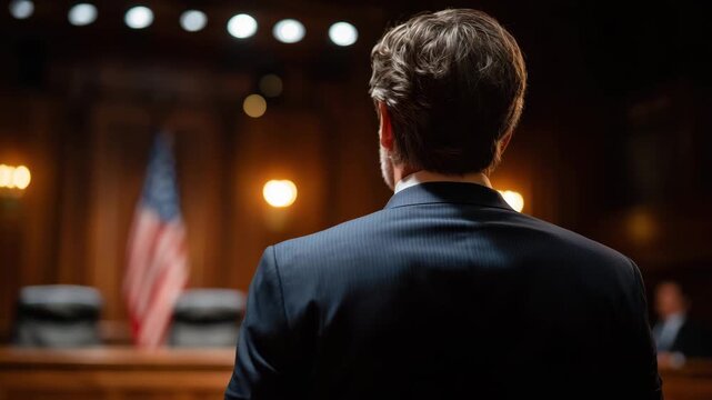 230Dramatic wide shot of a man in a dark suit silhouetted against backlighting, congressional panel in sharp focus, US flag waving behind the judge&rsquo;s bench, cinematic depth of field e