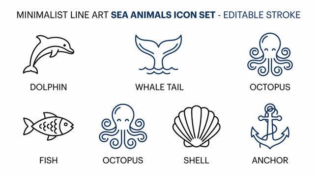 Sea creatures icons feature a dolphin, whale tail, octopus, fish, and shell in a vector sea environment.