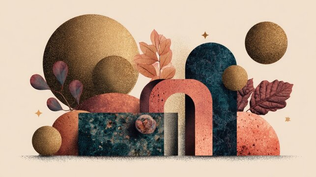 Earthy toned abstract composition features textured geometric shapes and botanical elements