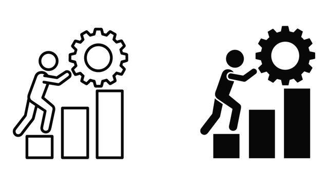 Man climbing bar graph pushing gear silhouette