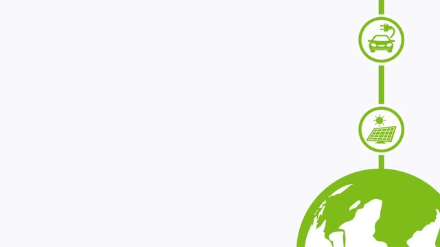 Looping animated background featuring green energy icons such as solar power, leaves, battery, electric energy, electric car, globe, and recycle symbols forming a dynamic frame with copy space.