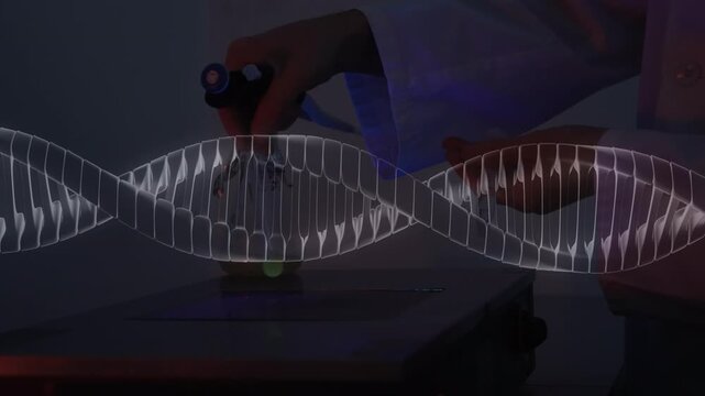 Animation of dna strand over female scientist in lab