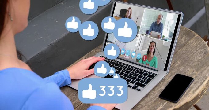 Animation of social media icons over caucasian woman on laptop video call