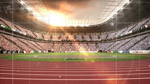 Animation of mathematical equations over grid network against sports stadium