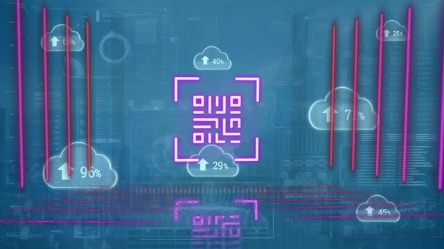Animation of neon qr code scanner over interface with data processing on blue background