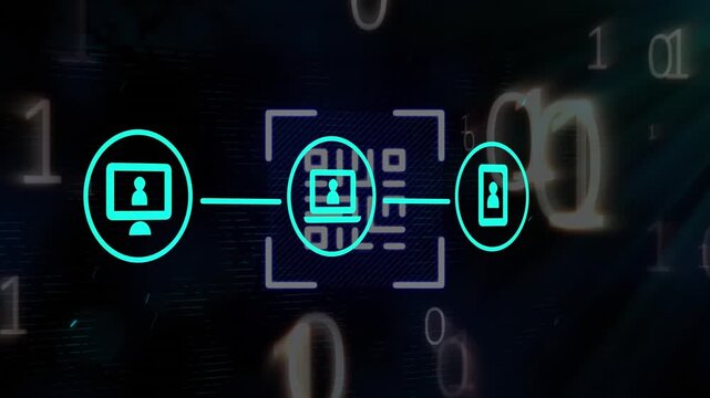 Animation of network of digital icons and qr code scanner over binary coding on black background