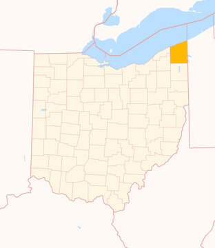 Map of the County Ashtabula (Ohio, US) showing the Federal State with the highlighted County