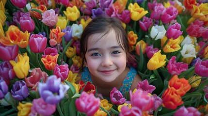 Naklejka premium young girl smile happy sitting in tulip flower field surround with colorful flower, happy spring time 