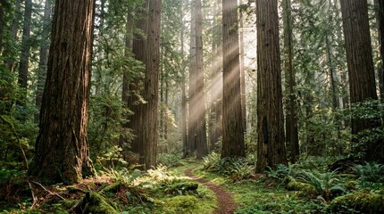 Obraz premium Sunlight streaming through the ancient trees of a lush, green forest, illuminating a winding path