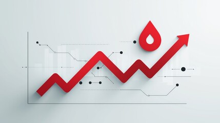Obraz premium Red fuel drop icon with an upward arrow on white background, symbolizing rising fuel prices, energy costs, and economic impact. Clean minimal design.