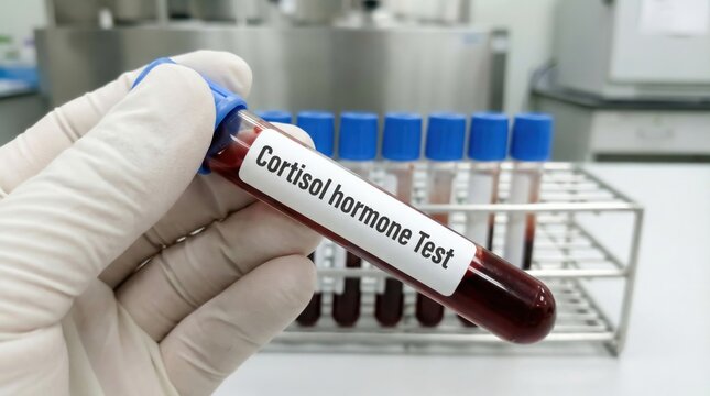 Cortisol hormone blood test tube in hand, stress level testing, medical diagnosis, laboratory research, ideal for healthcare and hormone imbalance concepts