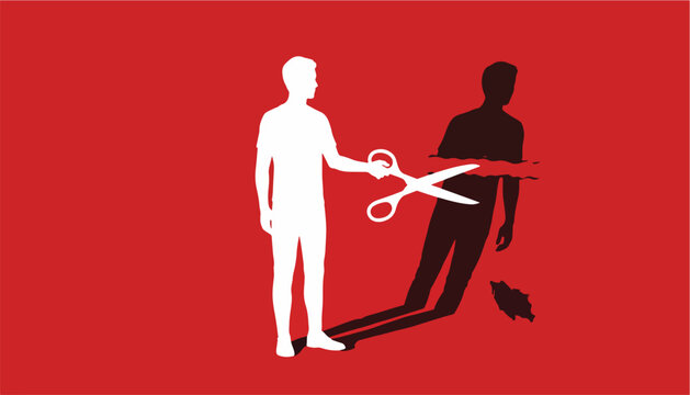 Self Identity Breakthrough Concept with Person Cutting Their Own Shadow Symbolizing Debt Freedom and Personal Reinvention Illustration