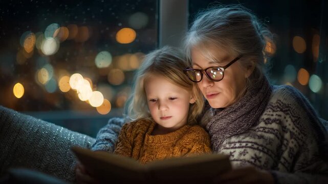 Grandmother wearing reading glasses helping granddaughter decode first chapter book on rainy afternoon, cozy lamp glow&hellip;_4