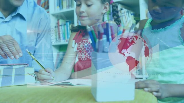 Animation of spinning globe over caucasian male teacher teaching group of students at school