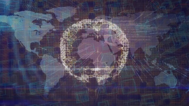 Animation of data processing and brain over world map