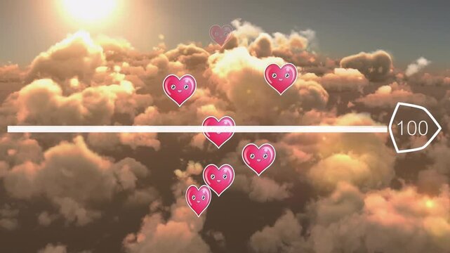 Animation of countdown and multiple pink hearts floating over clouds and sun in the sky