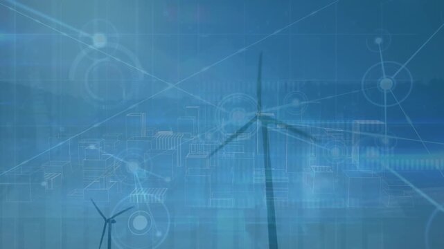 Animation of network of connections over windmills