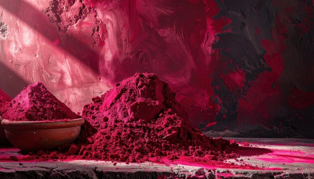 Rich piles of finely ground deep crimson cochineal dye powder showcasing vibrant, natural color and fine texture against a dramatic dark background.