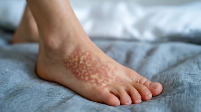 Macro soft-focus view of a psoriatic ankle on a neutral cushion, evenly lit by white light, highlighting redness and scaling patterns, clinical and clean medical style emphasizing