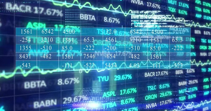 Animation of financial data processing and statistics on black background