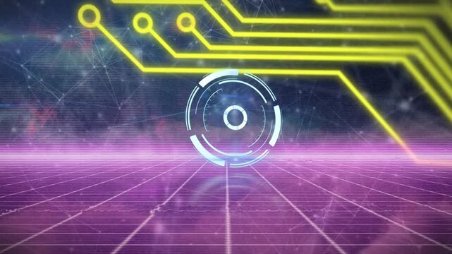 Animation of processing circle, connections and integrated circuit in digital space