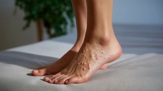 Minimalist soft-focus clinical composition of an ankle affected by psoriasis, evenly illuminated by white light, neutral cushion background, subtle highlight on raised patches and