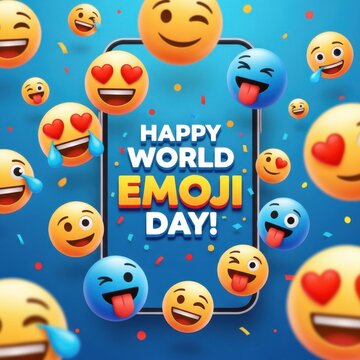 Happy world emoji day celebration with various colorful emojis on blue background