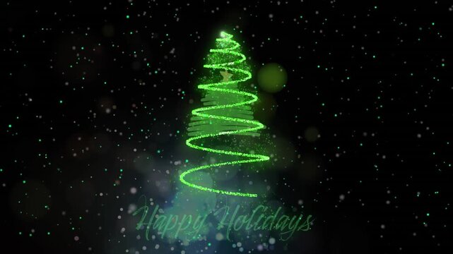 Animation of snow falling over christmas tree with happy holidays text on black backrgound